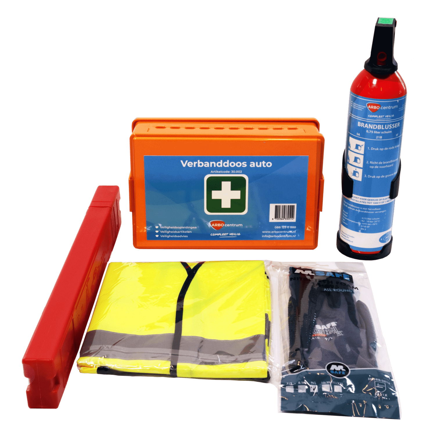Autoveiligheidsset waarmee u ervoor zorgt dat u veilig met de auto op vakantie bent. Bevat een oranje EHBO-doos met het opschrift Verbanddoos auto, een rode gevarendriehoek, een geel veiligheidsvest, een zwart paar handschoenen in verpakking en een kleine brandblusser.