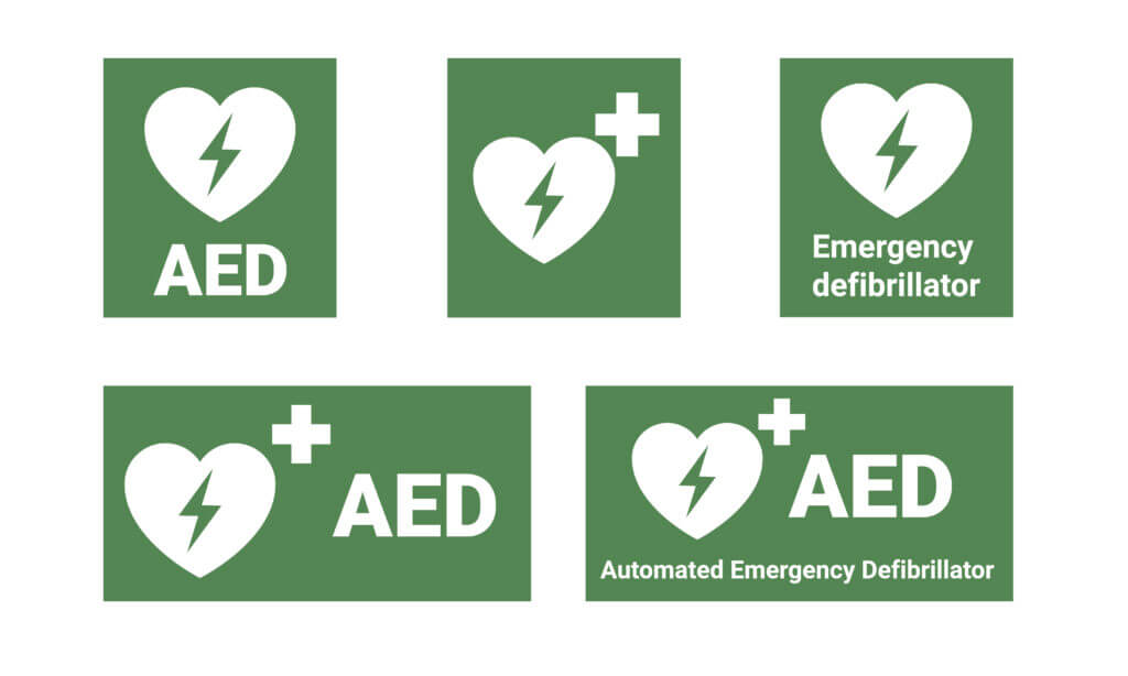 Vijf groene symbolen markeren de aanwezigheid van een Automatische Externe Defibrillator (AED), met een hart met een bliksemschicht en een medisch kruis. Teksten zijn onder andere AED, Nooddefibrillator en Automatische Nooddefibrillator. In deze 3 bedrijfssectoren is een AED aan te raden.