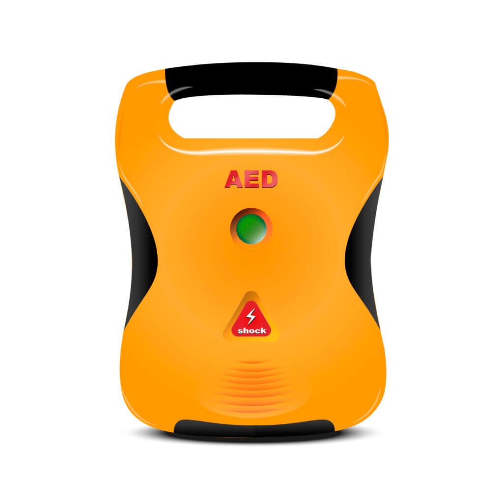 Illustratie van een oranje draagbaar AED (automatische externe defibrillator) apparaat met zwarte accenten, perfect voor plaatsing op belangrijke locaties. Het heeft een groene knop en een rood gedeelte met het label shock met een bliksemschichtsymbool, wat aangeeft dat dit de juiste plekken zijn om een AED op te hangen.