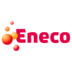Logo van Eneco, met het woord Eneco in vette, rode letters. Links een cluster van vijf gradiëntbollen die in kleur variëren van oranje tot rood. De transparante achtergrond geeft het een moderne touch, net als een opleidingsoverzicht dat effectief en naadloos de belangrijkste elementen weergeeft.