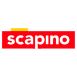 Logo van Scapino, met de merknaam in vette witte kleine letters op een rode rechthoekige achtergrond. Een kleine gele rechthoek steekt uit boven de rode achtergrond linksboven, en legt de levendige geest van Nederlandse bedrijven vast.