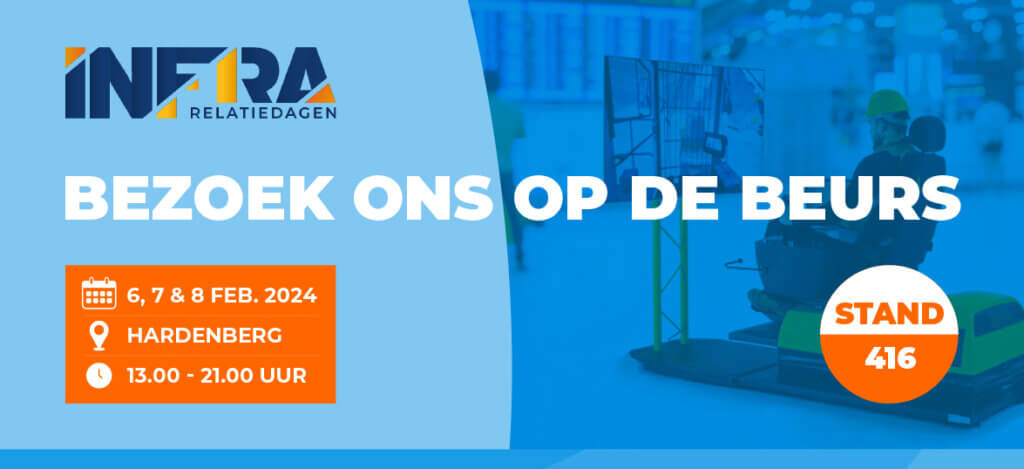 Promotional banner for Infra Relatiedagen with Dutch text reading Bezoek ons tijdens de Infra Relatiedagen 2024. Event details: 6-8 Feb, Hardenberg, 13:00-21:00. Booth 416. Background features a blurred exhibition scene bustling with visitors.