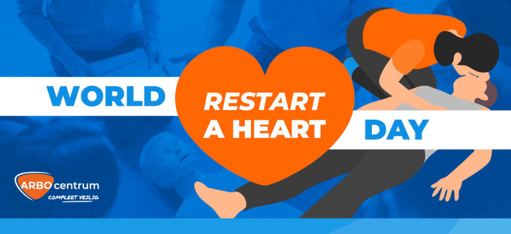 Illustration for Woensdag 16 oktober: World Restart a Heart Day. A person performs CPR on another lying on the ground. Text reads World Restart a Heart Day with a heart symbol in the center. The ARBO Centrum logo is visible on the bottom left.