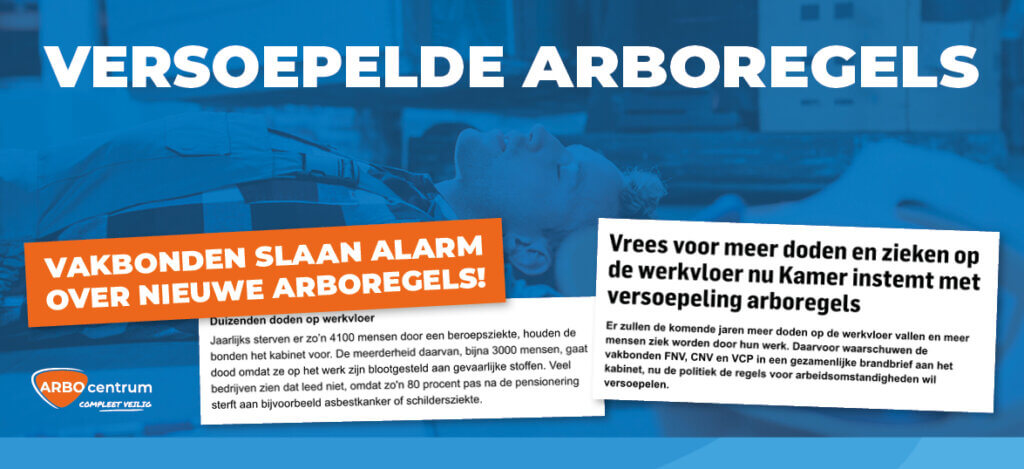Image showing a Dutch headline: Versoepelde Arbo Regels. A banner warns: Vakbonden slaan alarm over nieuwe arboregels! The text highlights workplace deaths, union warnings, and permissive regulations. A distressed man underscores waarom versoepelde Arboregels levensgevaarlijk zijn voor werknemers.