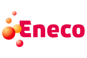 Logo van Eneco, met het woord Eneco in vette, rode letters. Links een cluster van vijf gradiëntbollen die in kleur variëren van oranje tot rood. De transparante achtergrond geeft het een moderne touch, net als een opleidingsoverzicht dat effectief en naadloos de belangrijkste elementen weergeeft.