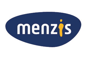 Logo of Menzis: consists of the word menzis in lowercase white letters on a blue, oval-shaped background. The i is stylized in yellow to resemble a human figure.