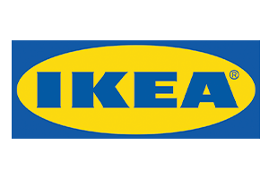 The image shows the IKEA logo, featuring the brand name in bold, blue letters within a yellow oval. The background is dark blue.