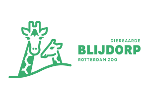 Green outline of a giraffe and the text Diergaarde Blijdorp Rotterdam Zoo on a white background.