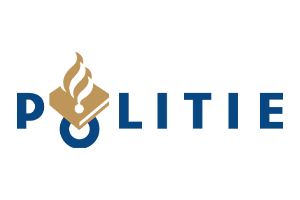Logo of the Dutch police featuring the word POLITIE in blue. The letter O is stylized with a golden flame emerging from an open book, symbolizing knowledge and vigilance.