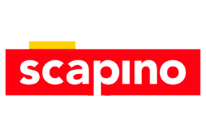 Logo van Scapino, met de merknaam in vette witte kleine letters op een rode rechthoekige achtergrond. Een kleine gele rechthoek steekt uit boven de rode achtergrond linksboven, en legt de levendige geest van Nederlandse bedrijven vast.